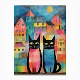 Cats With A Medieval Village Behind In The Moonlight 4 Canvas Print