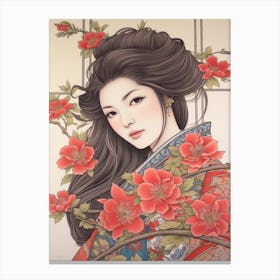 Botan Peony Vintage Japanese Botanical And Geisha Canvas Print