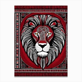 African Quilting Inspired Art of Lion Folk Art, Poetic Red, Black and white Art, 1215 Canvas Print