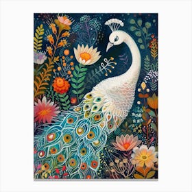 White Floral Folky Peacock 4 Canvas Print