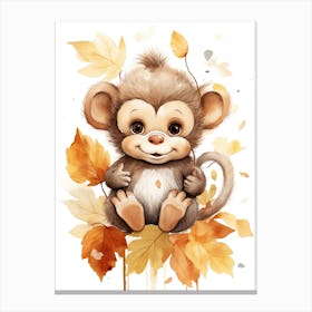 A Monkey Watercolour In Autumn Colours 2 Canvas Print