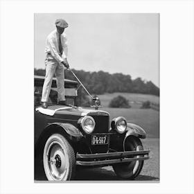 Man On A Playing Golf On Top Of Car, Funny Golf Art, Vintage Black and White Old Photo Canvas Print