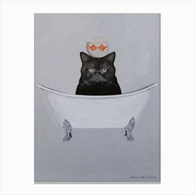 Black Cat With Fishbowl In Bathtub Canvas Print