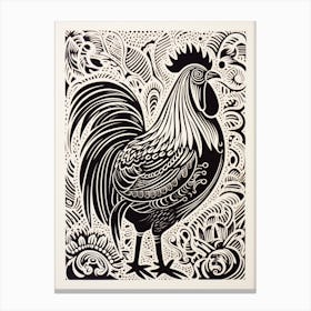 B&W Bird Linocut Rooster 4 Canvas Print