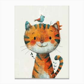 Small Joyful Tiger With A Bird On Its Head 2 Canvas Print