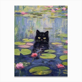 Water Lilies And A Black Cat Inspired By Monet 3 Canvas Print