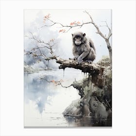 Jigokudani Monkey Park In Nagano, Japanese Brush Painting, Ukiyo E, Minimal 1 Canvas Print
