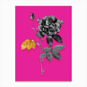 Vintage French Rose Black and White Gold Leaf Floral Art on Hot Pink Canvas Print
