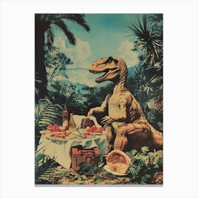 Dinosaur Having A Picnic Retro Collage 4 Canvas Print