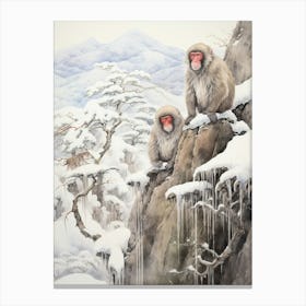 Jigokudani Monkey Park In Nagano, Ukiyo E Drawing 3 Canvas Print