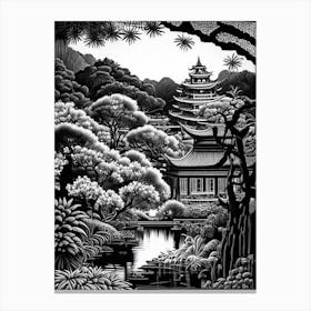 Nan Lian Garden, Hong Kong Linocut Black And White Vintage Canvas Print