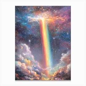 rainbow in starlit clouds painting in cosmic aesthetic in golden & violet hues – visionary, surreal art perfect for meditation room, gallery wall, or celestial-themed bedroom Canvas Print