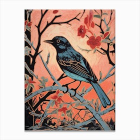 Birds And Branches Linocut Style 7 Canvas Print