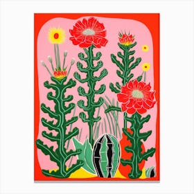 Pink And Red Plant Illustration Pencil Cactus 2 Canvas Print