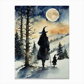 Let's Go To See The Moon (Little One) Mummy and Baby Witch Take Frosty Walk In The Snow On A Full Moon, Watercolour Painting, Artwork Pagan Witchy Witchcraft Fairytale Wheel of The Year, Solstice Winter Canvas Print