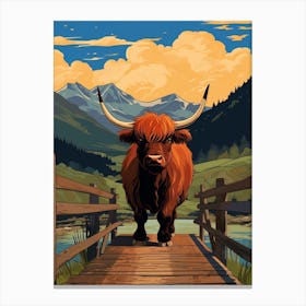 Brown Bull Crossing The Bridge Canvas Print