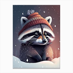 Raccoon With Hat In The Snow Canvas Print