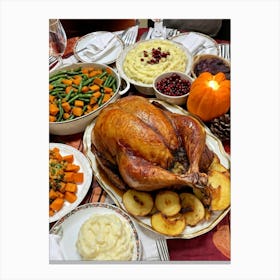 An Inviting Traditional Thanksgiving Feast Is Spread Out Highlighting A Tenderly Roasted Turkey Wit (3) Canvas Print