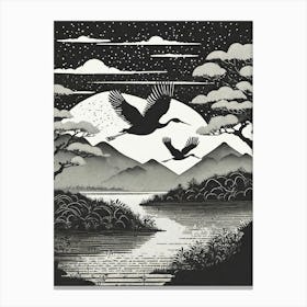 Cranes Flying Ukiyo-E Style Canvas Print