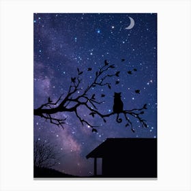 Cat On A Branch At Night Canvas Print