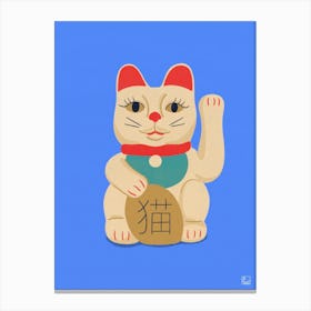 Maneki Neko Cat On Blue Canvas Print