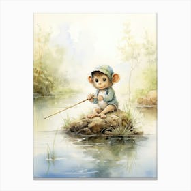 Monkey Painting Fishing Watercolour 2 Canvas Print