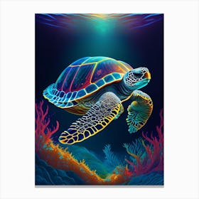 Sea Turtle In Deep Ocean, Sea Turtle Primary Colours 1 Canvas Print