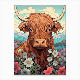 Blue Illustration Of Highland Cow Canvas Print