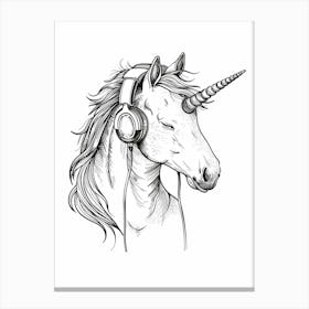A Unicorn Listening To Music With Headphones Black & White 1 Canvas Print