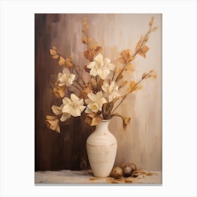 Freesia, Autumn Fall Flowers Sitting In A White Vase, Farmhouse Style 3 Canvas Print