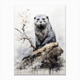 Otter, Japanese Brush Painting, Ukiyo E, Minimal 4 Canvas Print