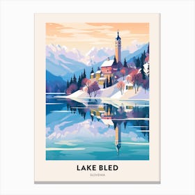 Vintage Winter Travel Poster Lake Bled Slovenia 1 Canvas Print