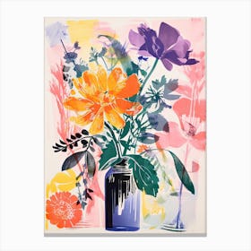 Colourful Flowers In A Vase In Risograph Style 1 Canvas Print