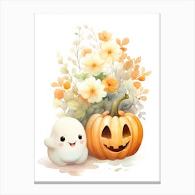 Cute Ghost With Pumpkins Halloween Watercolour 124 Canvas Print