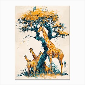Giraffe Herd Under The Tree Watercolour 6 Canvas Print