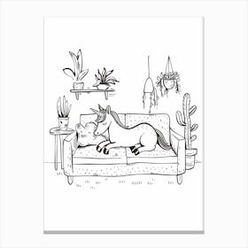 A Unicorn Black & White Doodle Relaxing On The Sofa 3 Canvas Print