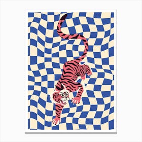 Tiger On Blue Checkered Pattern Canvas Print