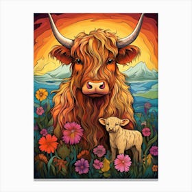 Colourful Sunset Highland Cow With Calf At Sunset Canvas Print