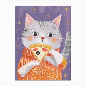 Grey Cat Eating A Pizza Slice Folk Illustration 2 Canvas Print