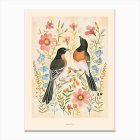 Folksy Floral Animal Drawing Magpie Poster Canvas Print