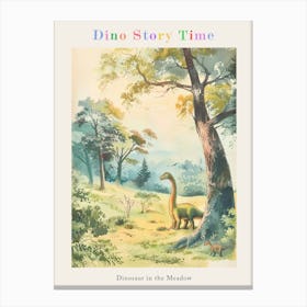 Dinosaur In The Meadow Vintage Storybook Painting Poster Canvas Print