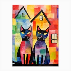 Colourful Patchwork Cats In Front Of A House Canvas Print