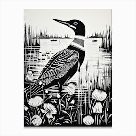 B&W Bird Linocut Common Loon 3 Canvas Print