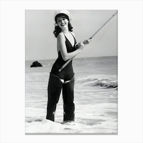 American Actor Ava Gardner Wearing A Bathing Suit And Waders While Standing In The Ocean Holding A Fishing Pole Canvas Print