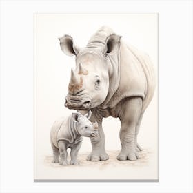 Detailed Illustration Of A Rhino With A Baby Rhino Canvas Print