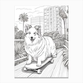 Shetland Sheepdog (Sheltie) Dog Skateboarding Line Art 4 Canvas Print
