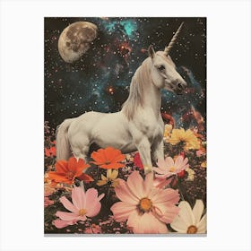 Floral Unicorn In Space Retro Collage 1 Canvas Print