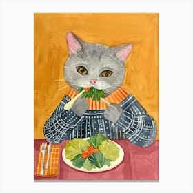 Blue Cat Eating Salad Folk Illustration 4 Canvas Print