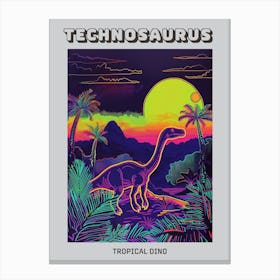 Neon Dinosaur With Palm Trees In A Jurassic Landscape Poster Canvas Print