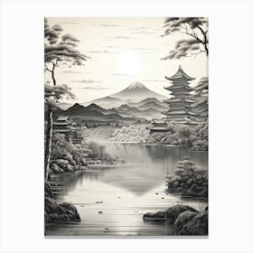 Amanohashidate In Kyoto, Ukiyo E Black And White Line Art Drawing 3 Canvas Print